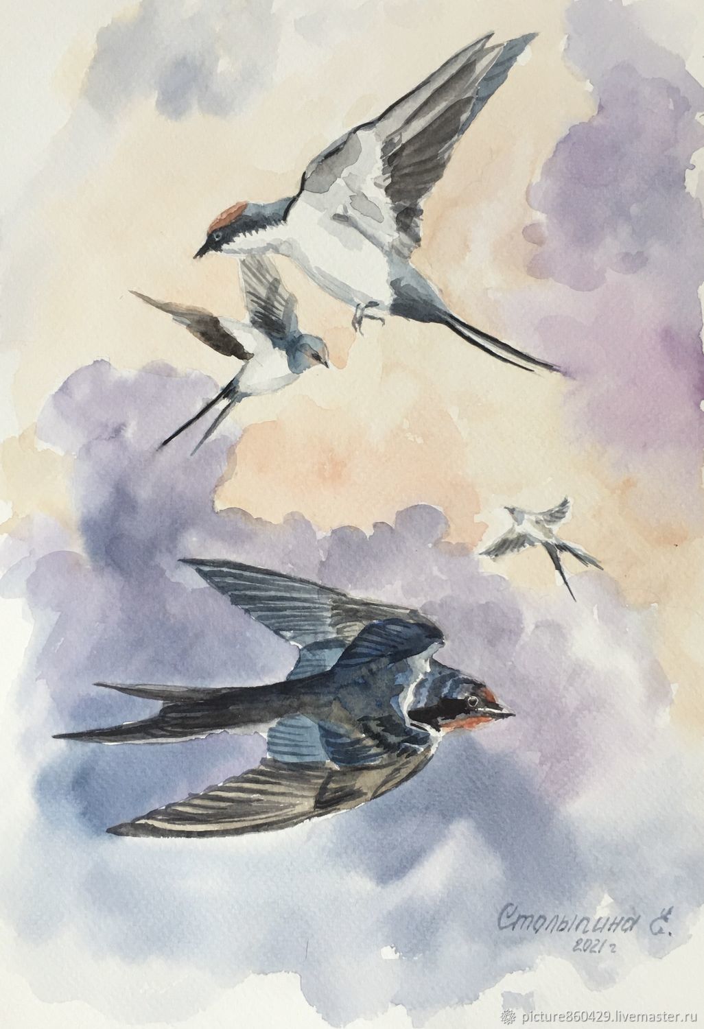 Картина акварелью Ласточки в интернет-магазине на Ярмарке Мастеров ...