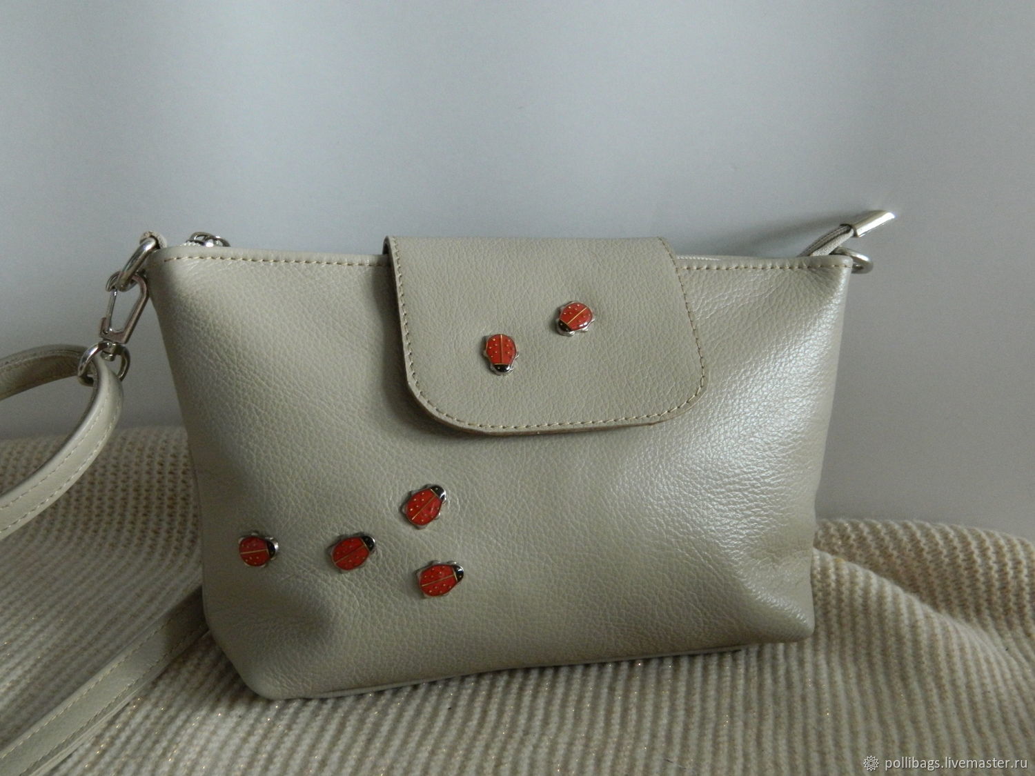 Leather Bag Crossbody Ladybug Clutch Beige