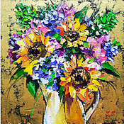 Картина с цветами и тыквой "Изобилие Лета"холст, масло