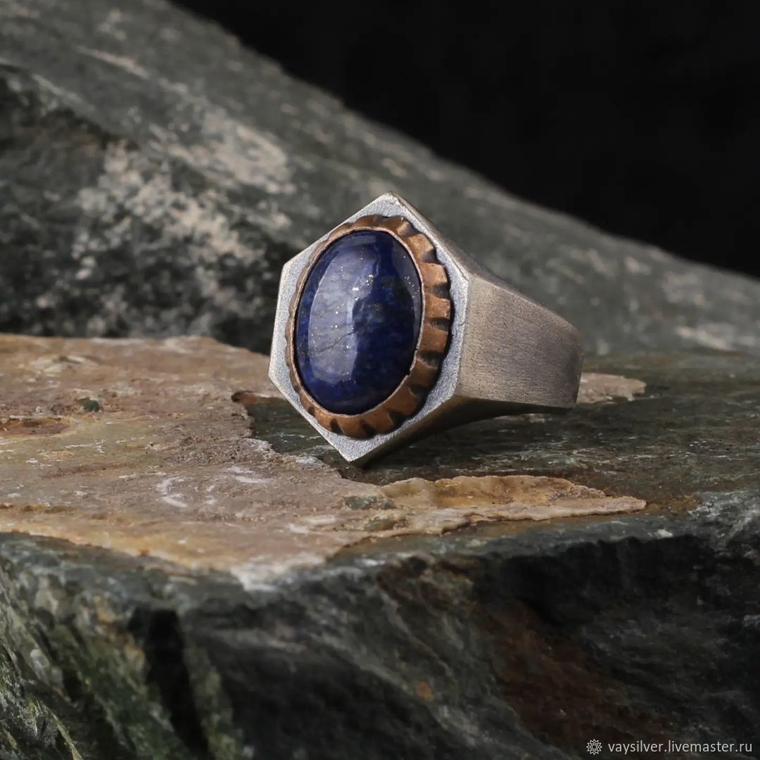 Перстень Авторитетное кольцо ручной работы из серебра с синим сапфиром, Перстень, Стамбул,  Фото №1