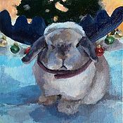 Кролик с утенком. Картина маслом. Подарок на Новый год
