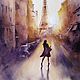 Watercolor painting Sunset in Paris (purple yellow cityscape), Pictures, Yuzhno-Uralsk,  Фото №1