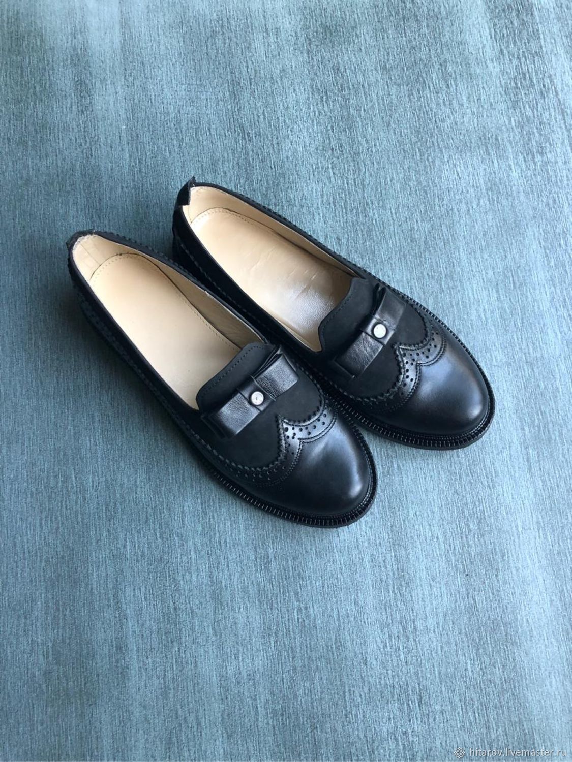 Туфли Лодочки «Бантик» черная кожа/черный нубук черная подошва в ...