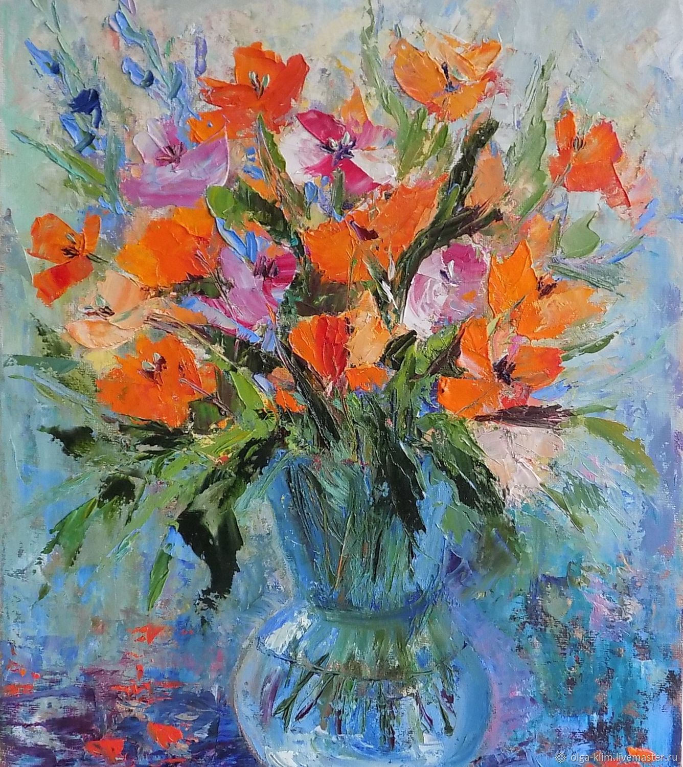 Painting orange flowers in a vase on a blue background abstract bouquet oil, Pictures, Ekaterinburg,  Фото №1