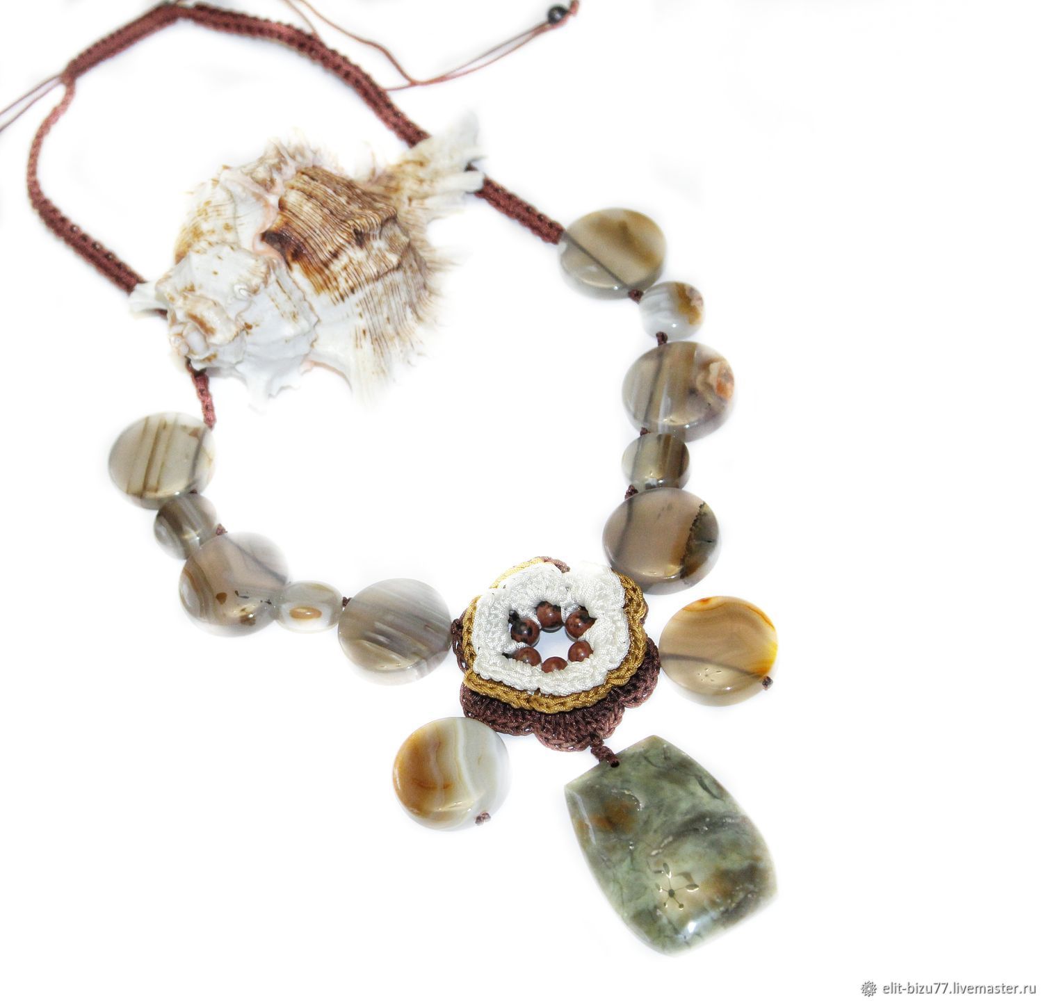 Knitted necklace with grey agate Charm, Necklace, Kursk,  Фото №1