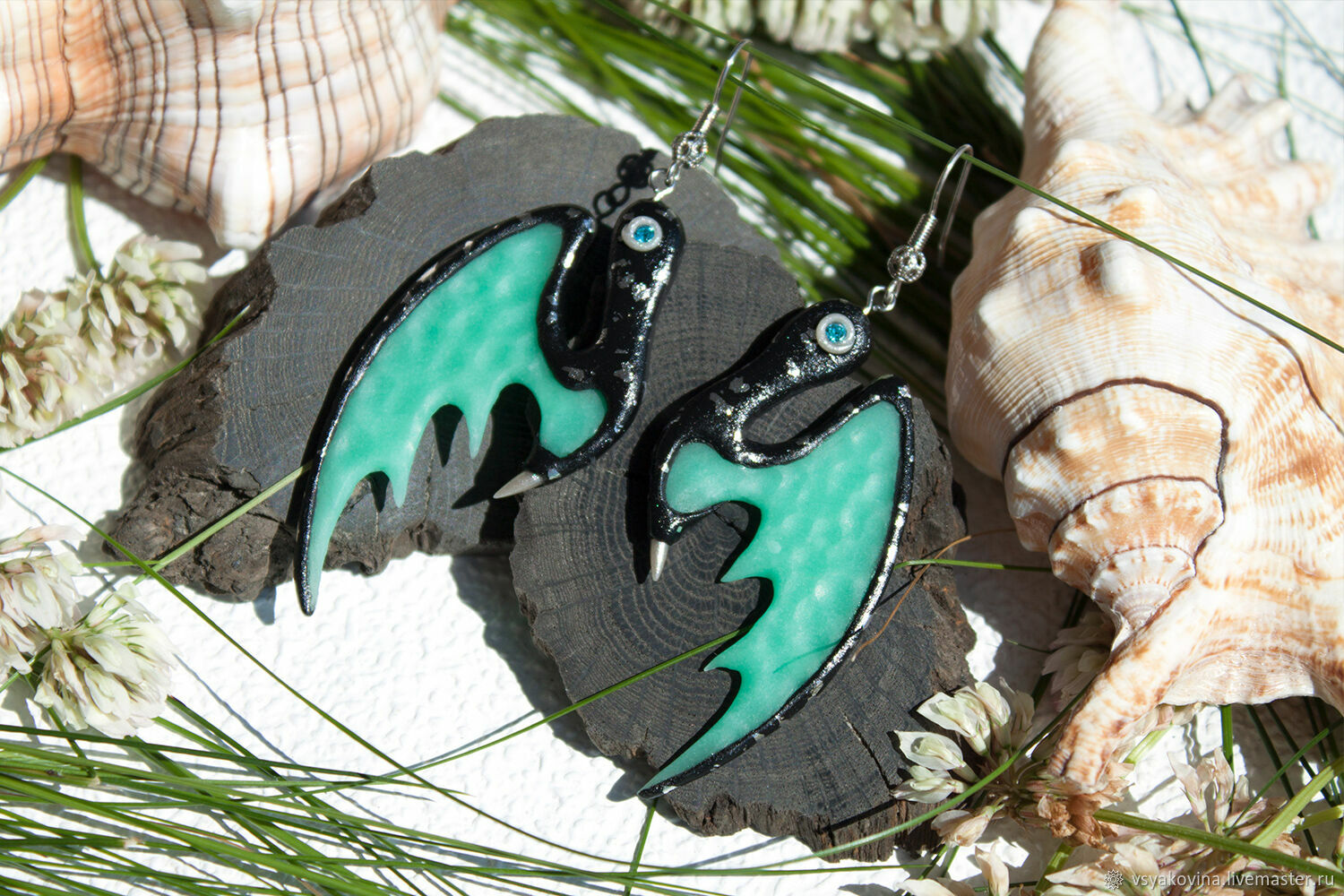  Dragon wings Sea azure – author's work, Earrings, St. Petersburg,  Фото №1