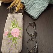 Сумки и аксессуары handmade. Livemaster - original item Eyeglass case:Eyeglass case with embroidery-Pink rose with lavender, textile. Handmade.