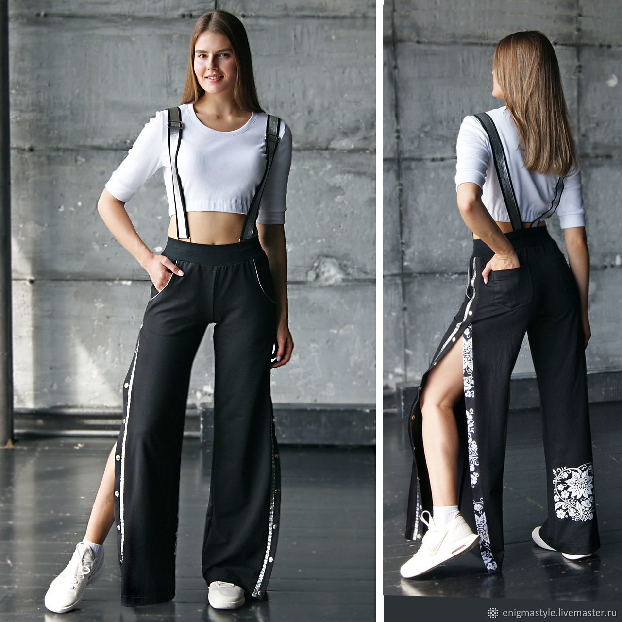 Широкие брюки женские, брюки на кнопках, черные брюки на подтяжках винтернет-магазине Ярмарка Мастеров по цене 5100 ₽ – LVP6URU