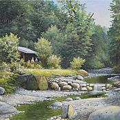Картина Ручей в лесу (холст масло пейзаж лес лето зеленый)