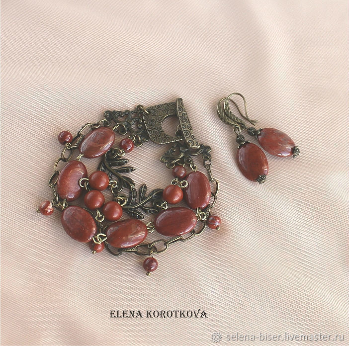 Браслет и серьги красная яшма натуральные камни подарок женщине девушк