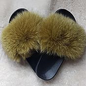 Обувь ручной работы handmade. Livemaster - original item Flip-flops with arctic fox fur khaki. Handmade.