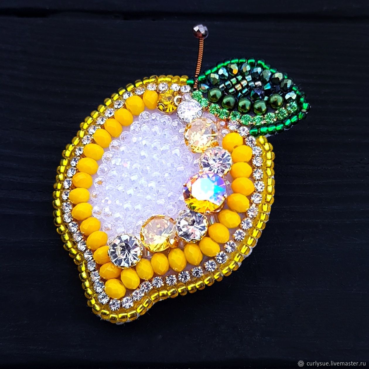 Брошь - кулон Лимон вышивка кристаллами Swarovski брошка фрукт, Брошь-булавка, Черкассы,  Фото №1