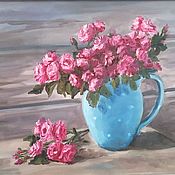 Картины и панно handmade. Livemaster - original item Oil painting in frame. Roses in blue jug. Still life with flowers.. Handmade.