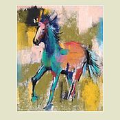 Картины и панно handmade. Livemaster - original item Pastel Horse Painting (Green orange abstract). Handmade.