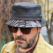 Аксессуары handmade. Livemaster - original item Leather and denim bucket hat BBH-08. Handmade.