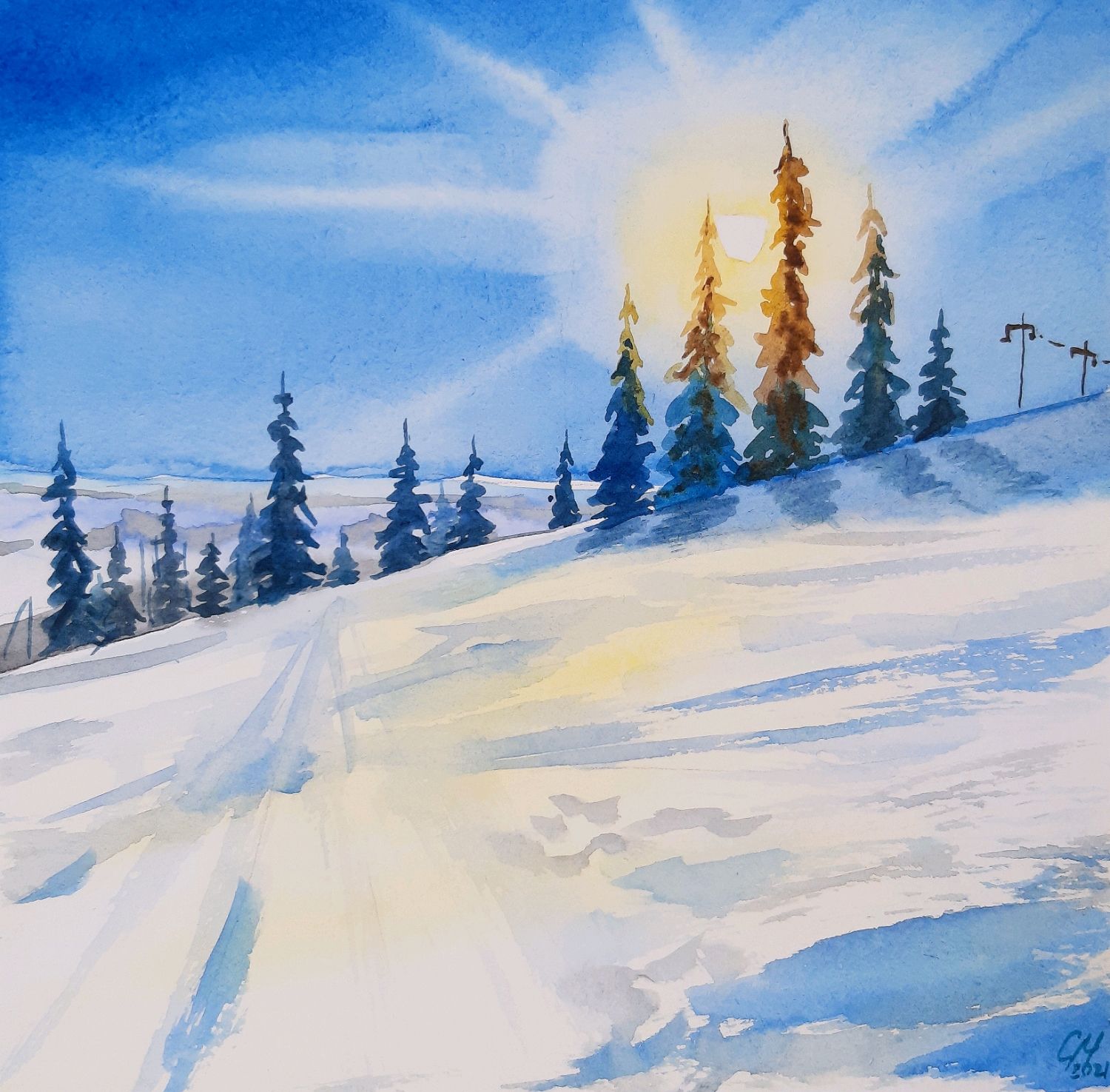 Счастье в горах зимний пейзаж акварелью, картина горы Шерегеш в интернет-магазине Ярмарка Мастеров по цене 765 ₽ – NG8ZYRU