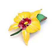 Украшения handmade. Livemaster - original item Yellow Orchid Leather Flower Brooch. Handmade.