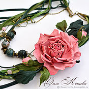 Украшения handmade. Livemaster - original item Jewelry set leather Pink tea roses necklace brooch earrings. Handmade.