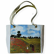 Сумки и аксессуары handmade. Livemaster - original item Claud Monet Leather green white light blue handbag Poppies. Handmade.