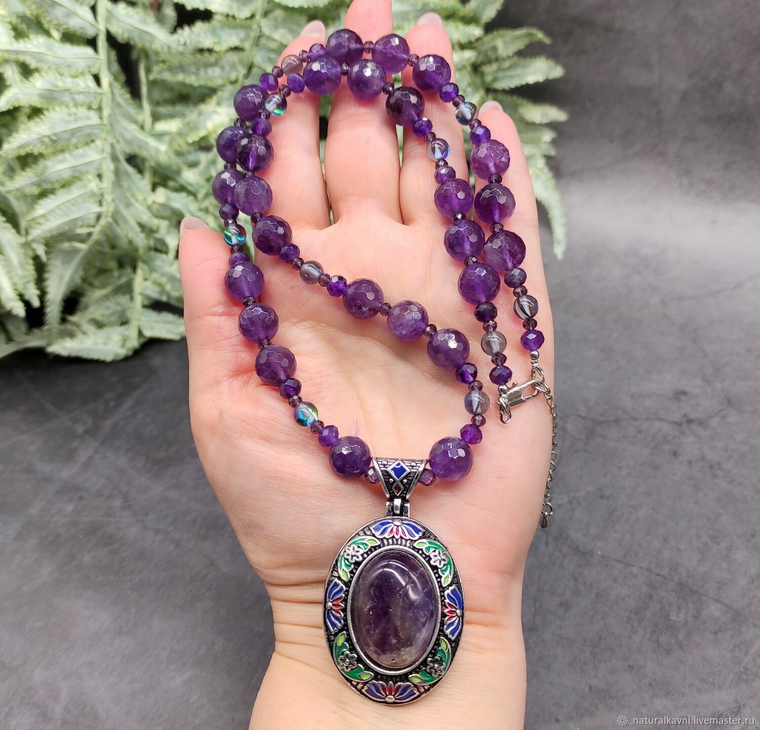 Колье /сотуар с подвеской натуральный аметист и синтетический опал ...