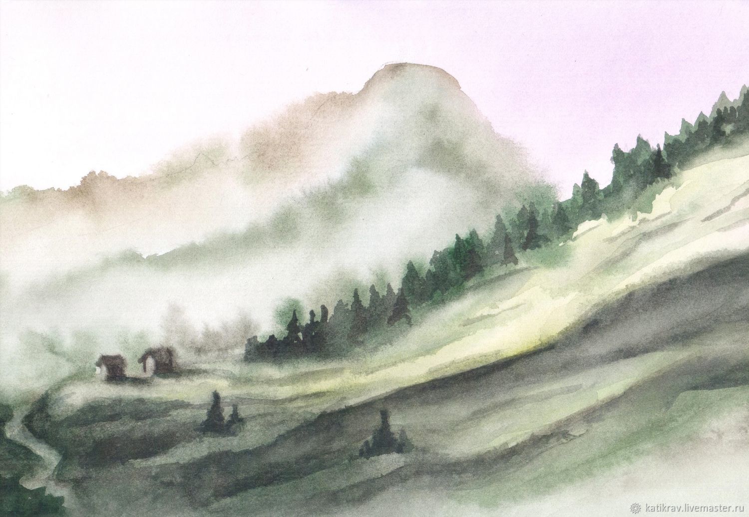 Горы в тумане акварель