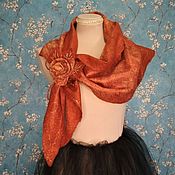Brown silk scarf with flowers Felted clothing Cape dress