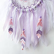 Для дома и интерьера handmade. Livemaster - original item Lilac-pink Dreamcatcher with knitted feathers and ribbons. Handmade.