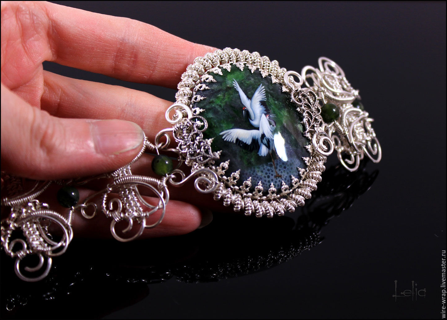 Нефрит в серебре "Журавли" – купить в интернет-магазине на Ярмарке ...