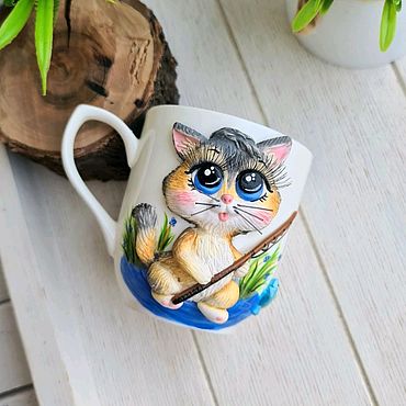 Посуда ручной работы. Ярмарка Мастеров - ручная работа Котик-рыболов кружка. Handmade.