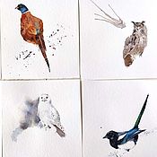 Картины и панно handmade. Livemaster - original item Triptych watercolor Birds (magpie owl bullfinch white black red). Handmade.