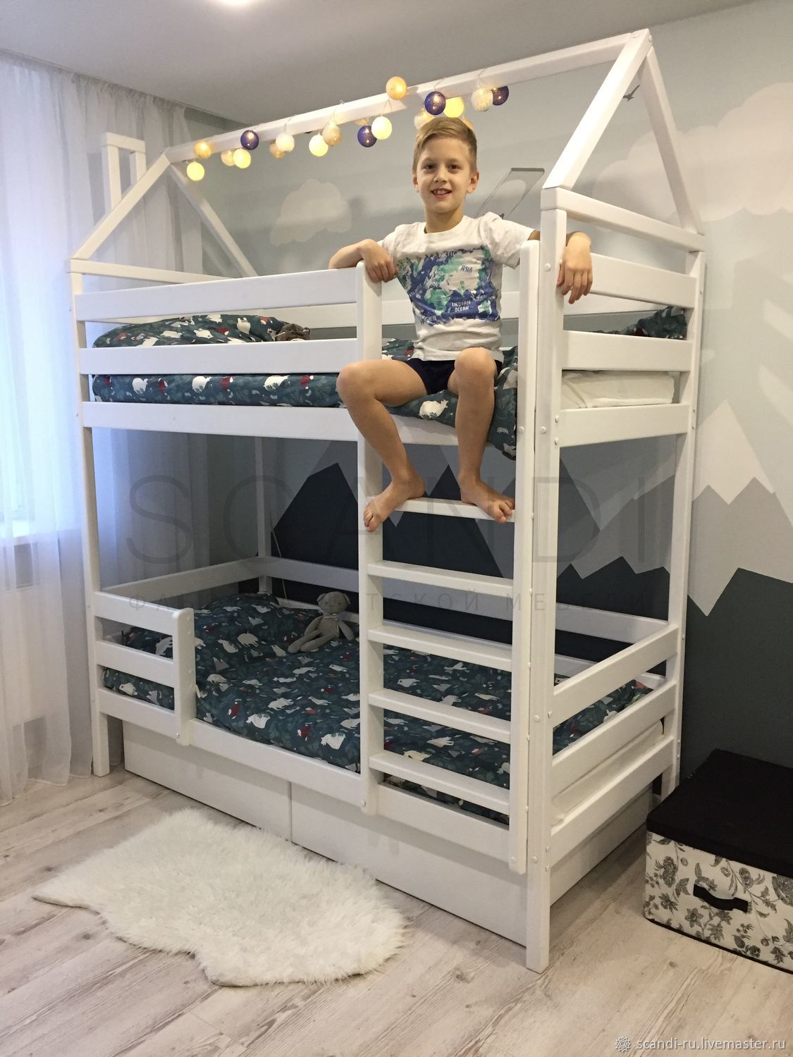 детская 2 этажная кровать с домиком