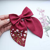 Украшения handmade. Livemaster - original item Bow Hairpin Linen Bordeaux - Rose Embroidery. Handmade.