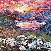 Картины и панно handmade. Livemaster - original item Painting of a mountain lake sunset colors 