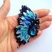 Украшения handmade. Livemaster - original item Brooch blue black butterfly embroidered Shibori silk ribbon,crypearls. Handmade.