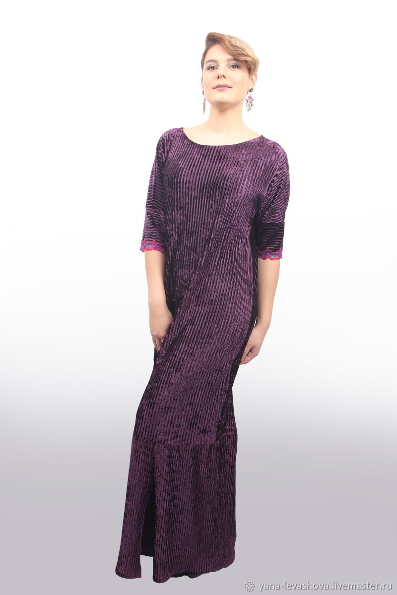 Dress elegant evening purple velvet pleated with lace to the floor, Dresses, Moscow,  Фото №1