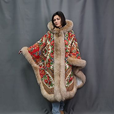 Пончо из платка "Подкова" с мехом лисы блюфрост. National Brand (Катерина). Одежда женская ручной работы - Ярмарка Мастеров Одежда женская ручной работы. Ярмарка Мастеров - ручная работа Пончо из платка "Подкова" с мехом лисы блюфрост. Handmade.