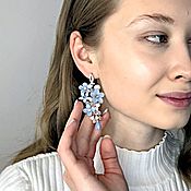 Свадебный салон handmade. Livemaster - original item Wedding earrings with blue flowers and pearls. Handmade.