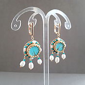 Украшения handmade. Livemaster - original item Byzantine earrings with turquoise, gold earrings with pearl pendants. Handmade.
