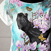 Одежда handmade. Livemaster - original item T-shirt with a pattern of Panther and Sakura flowers hand painted. Handmade.