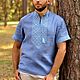 Мужская дизайнерская сорочка вышиванка из голубого льна, Рубашки мужские, Чернигов,  Фото №1