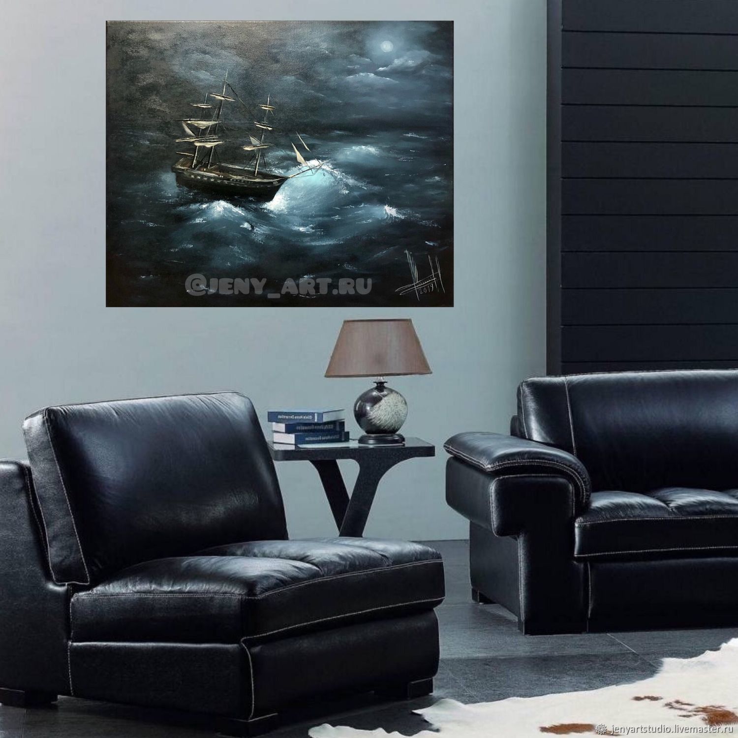 Морской пейзаж с кораблем «Фрегат» картина маслом в темных тонах, Картины, Коломна,  Фото №1