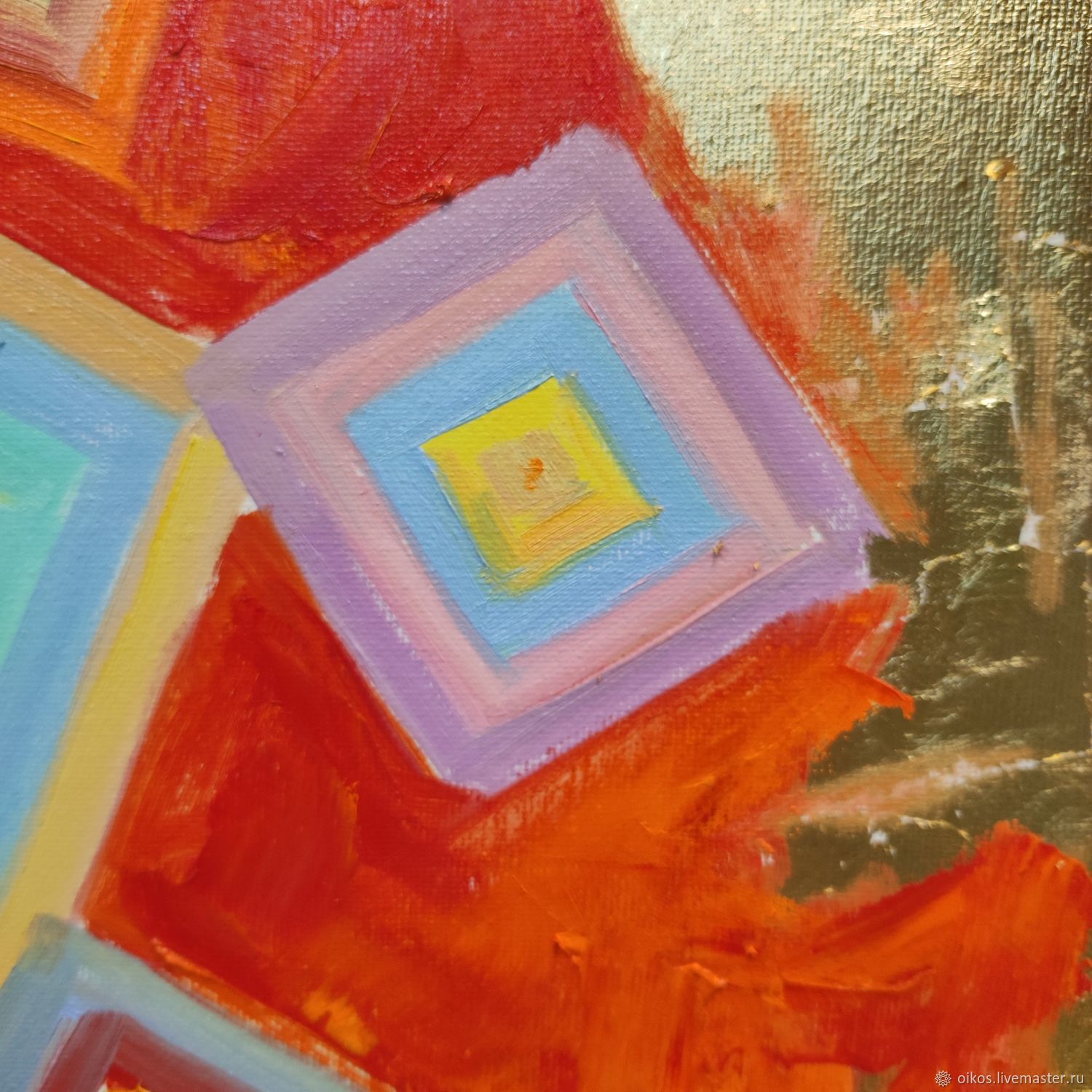 Большая картина с золотой поталью с яркими квадратами 60на60 см в ...