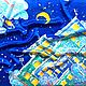 Women's scarf batik Handmade by batik to silk scarf Winter city Batik by Natasha Sorokina Handmade Satin handkerchief Author's batik to Buy a gift for the new year is 2018 Winter Snow Blue City
