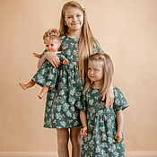 Одежда детская handmade. Livemaster - original item Linen dress for girls Lydia emerald color with print. Handmade.