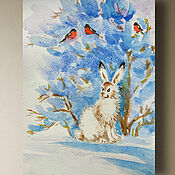 Картина Кролик синий Новый год акварельная миниатюра