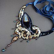 Brooch STAR ORANGE ceramics, velvet, beads, sequins