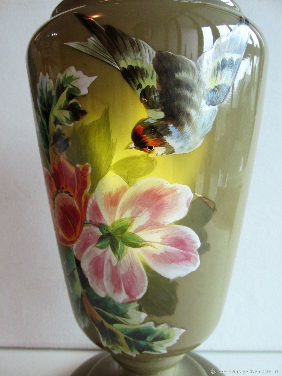 35,5 cm Antique Vase Opal Glass Bohemia Hand Painted 1860e, Vintage interior, Prague,  Фото №1