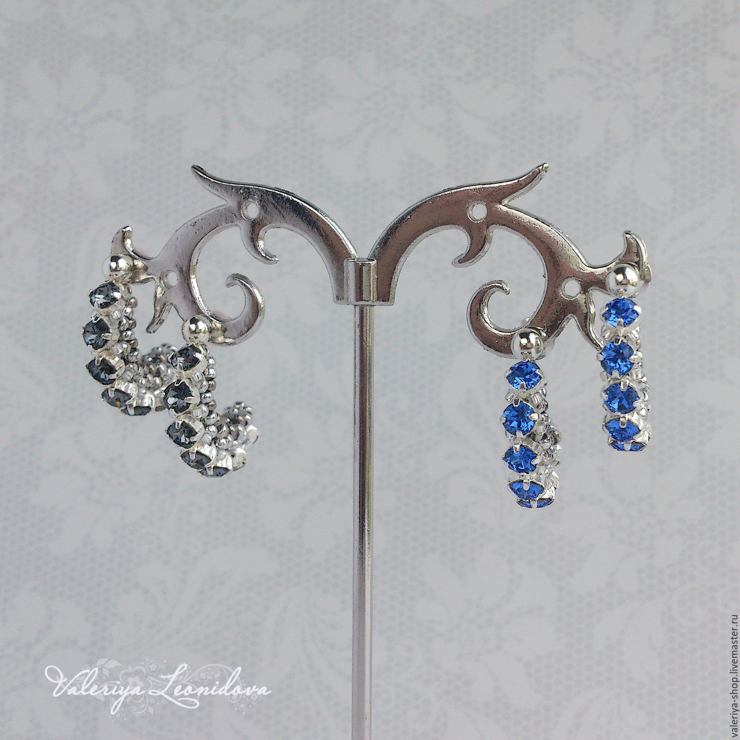 Синие серьги-гвоздики, серьги-кольца "Сапфир" с кристаллами Сваровски ...