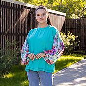 Одежда handmade. Livemaster - original item Turquoise blouse made of cotton with chiffon sleeves. Handmade.