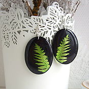 Украшения handmade. Livemaster - original item Transparent Earrings Oval with Leaf and Fern on a Black background Eco. Handmade.